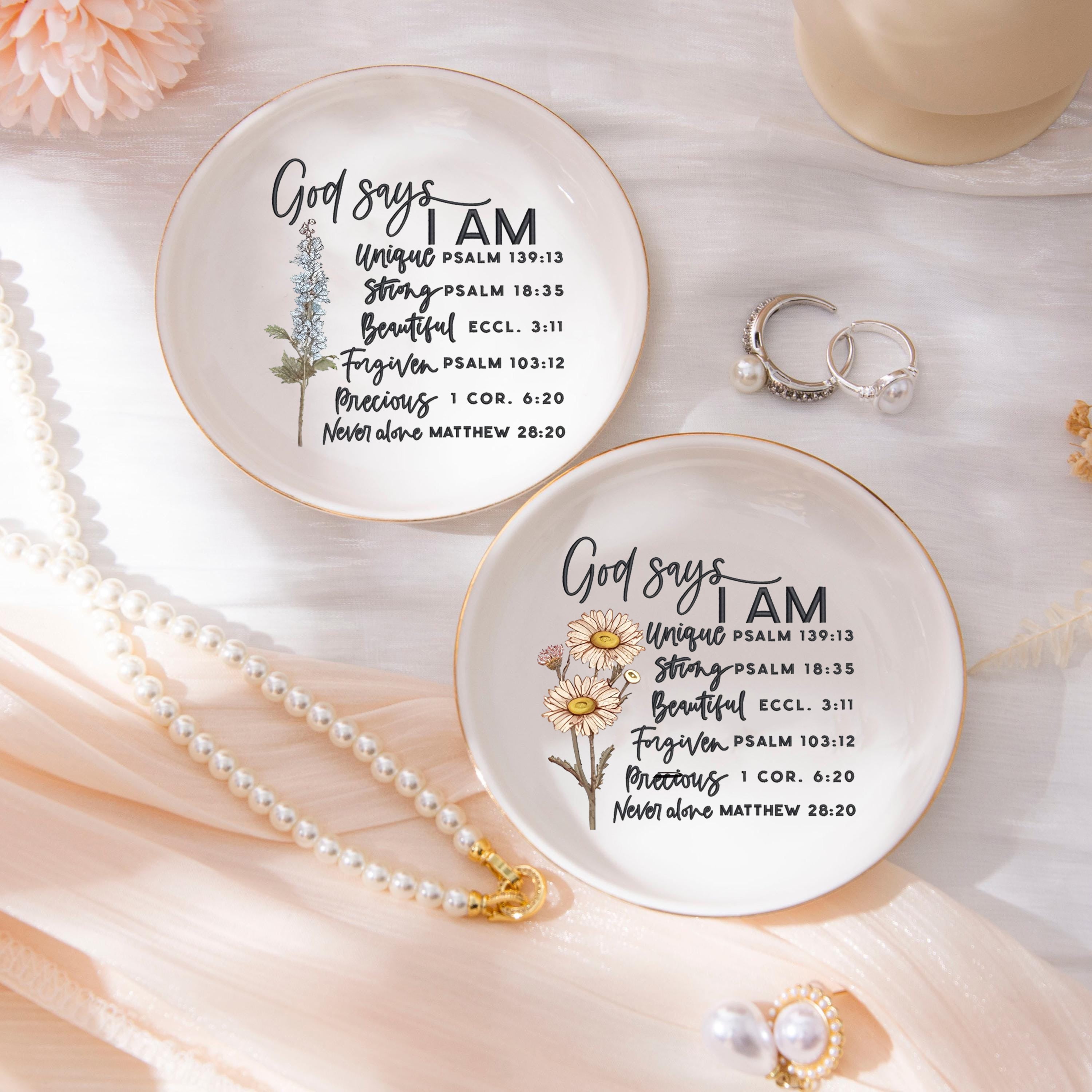 God Says I Am Jewelry Dish With Birth Flower, Christian Bible Verse Ring Dish, Religious Faith Gift, Baptism Confirmation Gift, Inspirational Scripture Tray JDLAF09